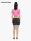 ASYMMETRIC PINK LEATHER PATCH DENIM SKIRT - BLACK