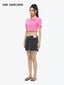 ASYMMETRIC PINK LEATHER PATCH DENIM SKIRT - BLACK