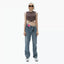 LEATHER PATCH TWISTED STRAIGHT JEANS - BLUE
