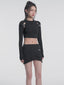 BELT CUT-OUT LONG SLEEVE DECONSTRUCTED KNIT TOP - BLACK