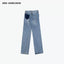 LEATHER PATCH TWISTED STRAIGHT JEANS - BLUE