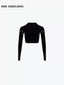 BELT CUT-OUT LONG SLEEVE DECONSTRUCTED KNIT TOP - BLACK